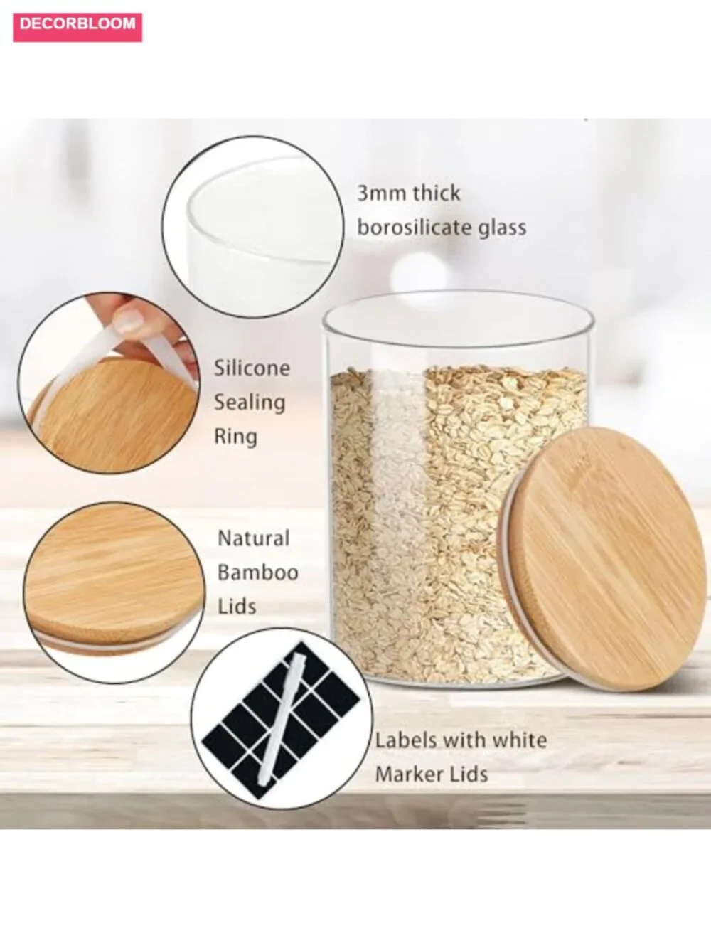 Glass Storage Jars Set with Airtight Bamboo Lids, 111oz & 37oz, Kitchen Food